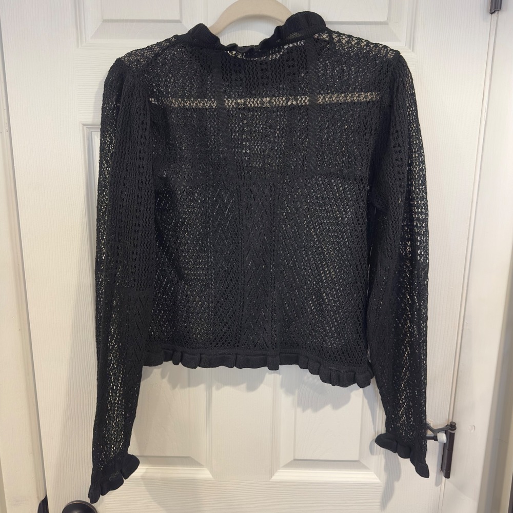 Zara Womens Black Open Knit Crochet Ruffle Trim High Neck Sweater Large NEW - Picture 5 of 7